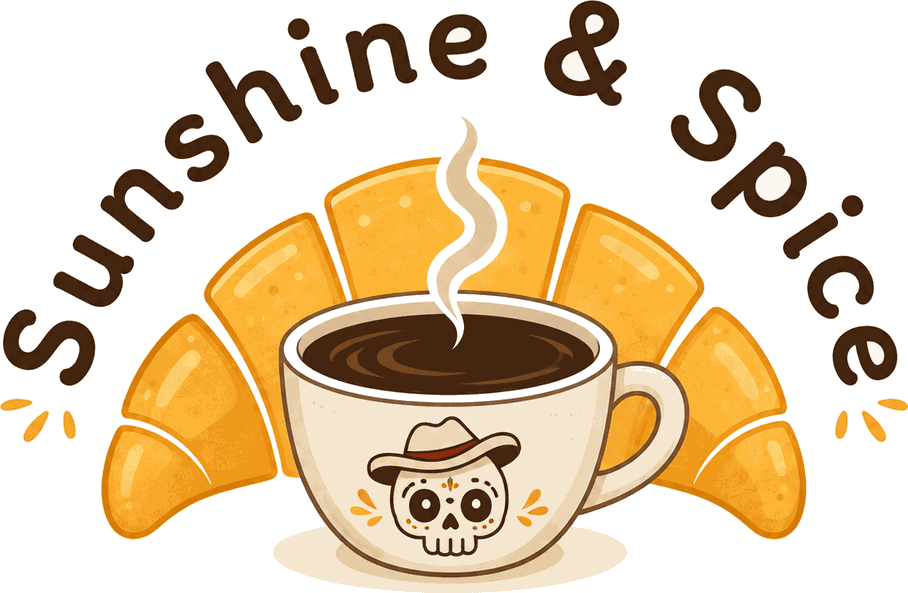 Sunshine & Spice logo: a steaming cup with a sugar-skull wearing a cowboy hat, in front of a croissant sun